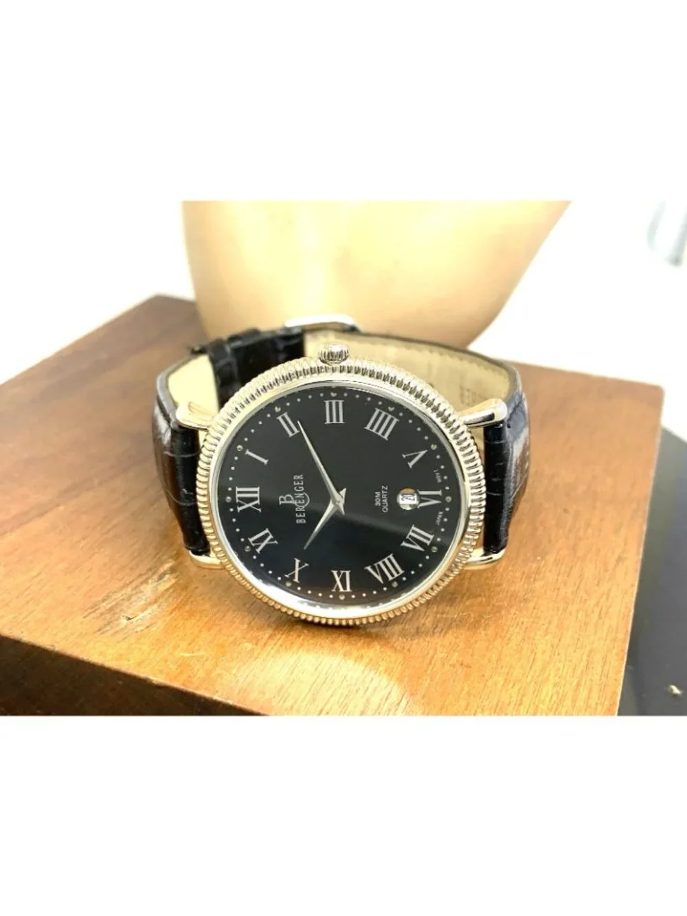 Bergenger Men's Watch Quartz Black Dial Silver Tone Case Leather Strap 38mm